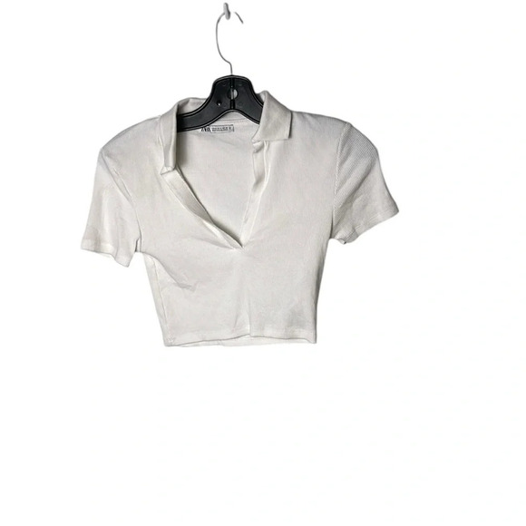 Zara  crop top . Women XXS deep Vee,cotton knit,rib,short sleeve,shirt collar - Picture 3 of 10